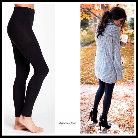 BLACK FLEECE LINED LEGGINGS FOOTLESS TIGHTS - Picture 4 of 8